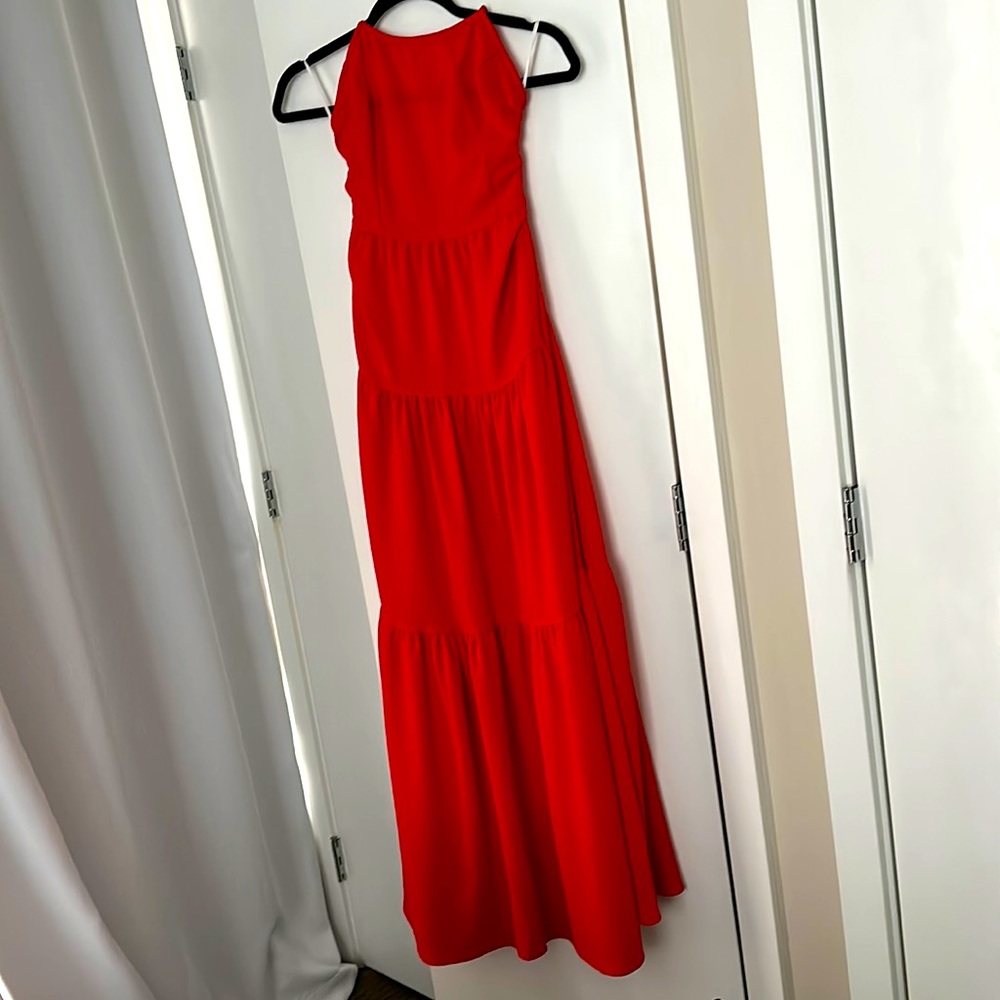 Red halter crisscross back maxi dress